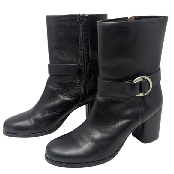 Frye Black Leather Heeled Mid-Calf Boots Buckle Strap Size 11 - Picture 3 of 7